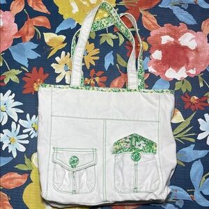 White Tote Bag with Green Floral Accents reversible